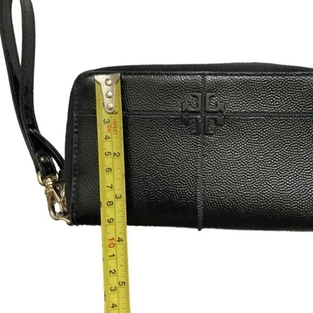 Tory Burch black grained shiny leather wristlet wallet clutch bag